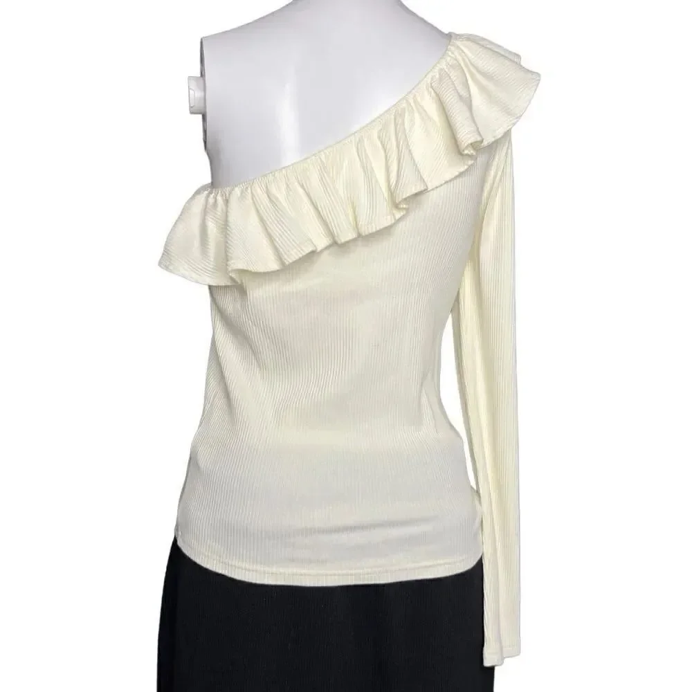 J. Crew Ribbed One Shoulder Ruffle Blouse Ivory Size Small - Picture 2 of 2